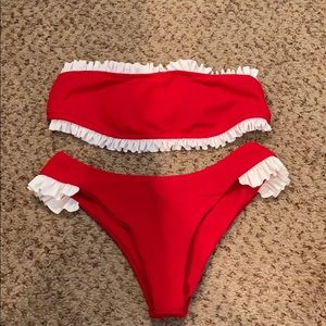 red bandeau bikini with white trim